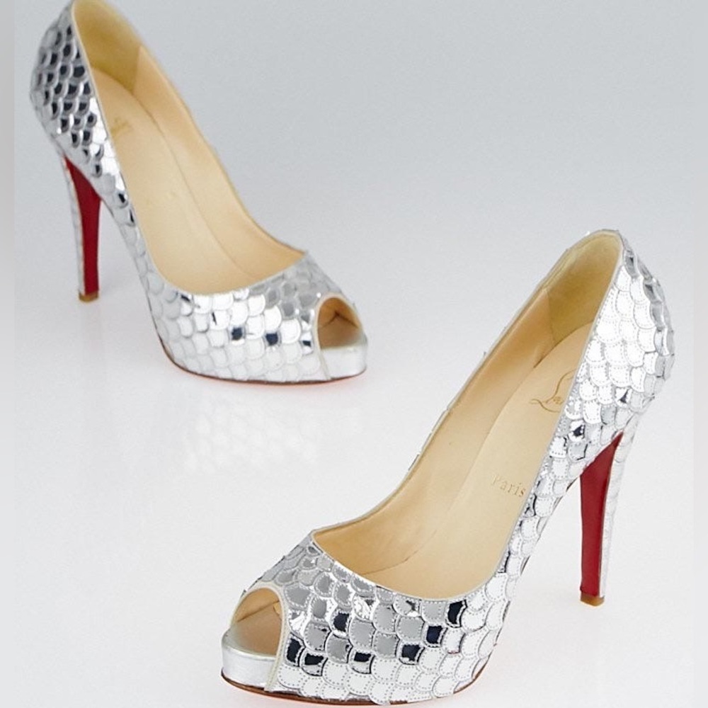Christian Louboutin Silver Patent Leather Poseidon 120 Peep-Toe Pumps